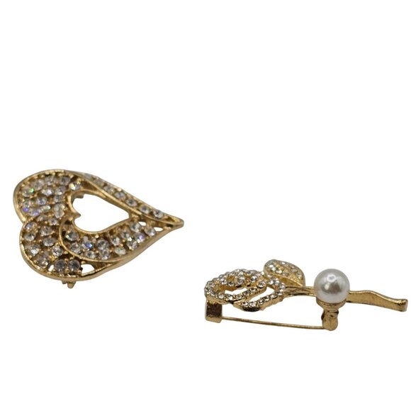 VTG Brooch Set 2PC Gold Tone Clear Rhinestone Rose Faux Pearl Heart Jewelry Pins - Picture 7 of 10